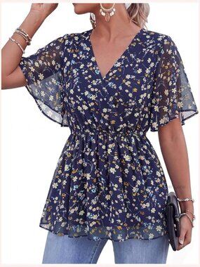 Elegant V-Neck Ruffle Sleeve Peplum Blouse Flowy Chiffon Top